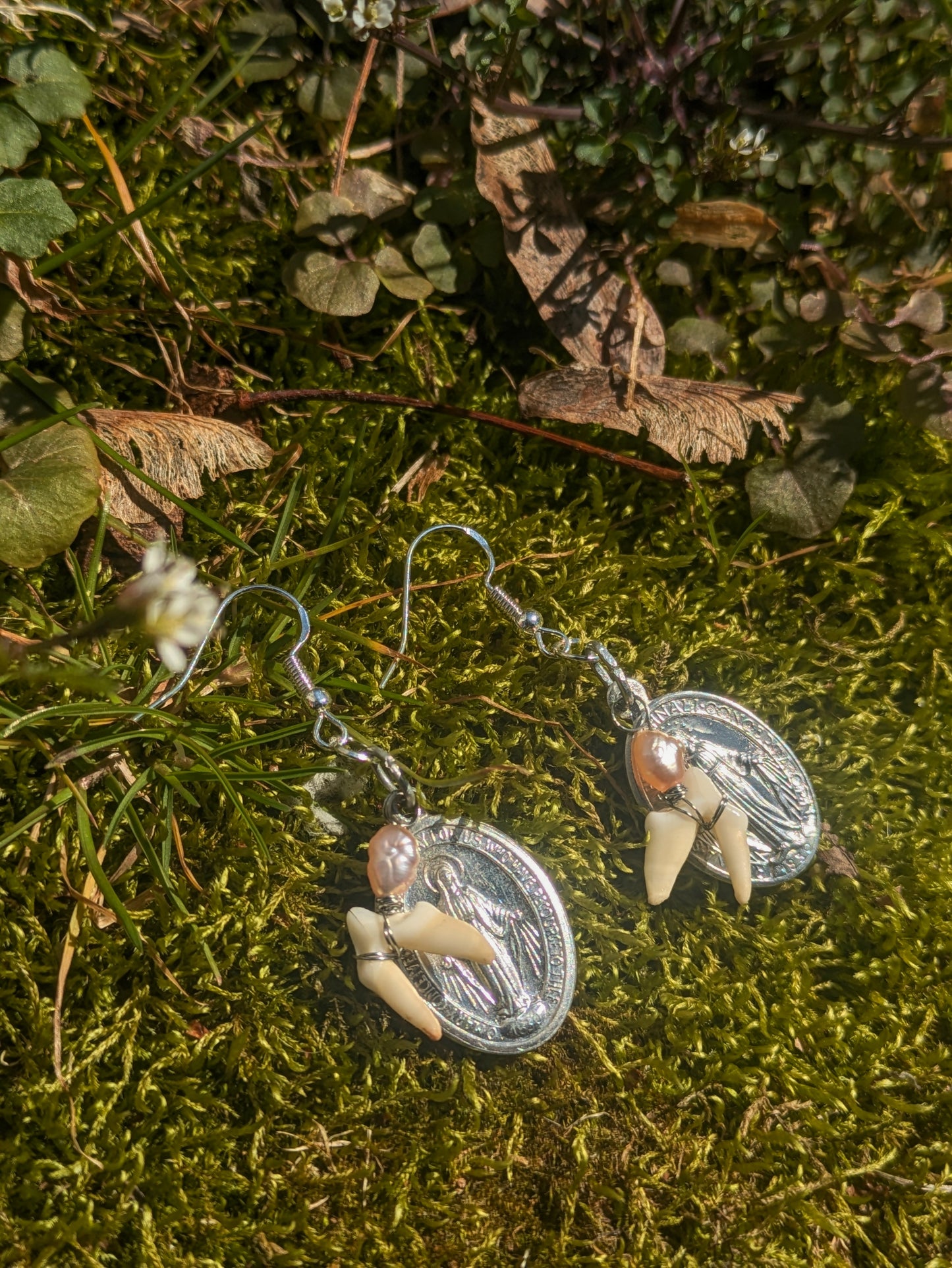 Fox Tooth Mother Mary Earrings