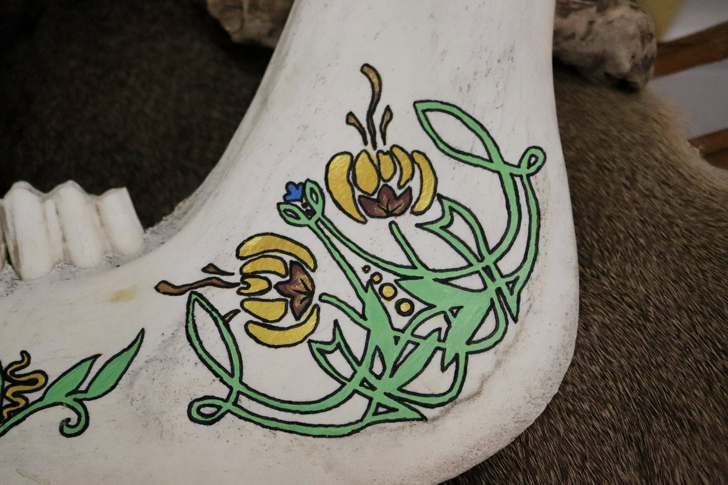 Art Nouveau Painting on Cow Jawbone