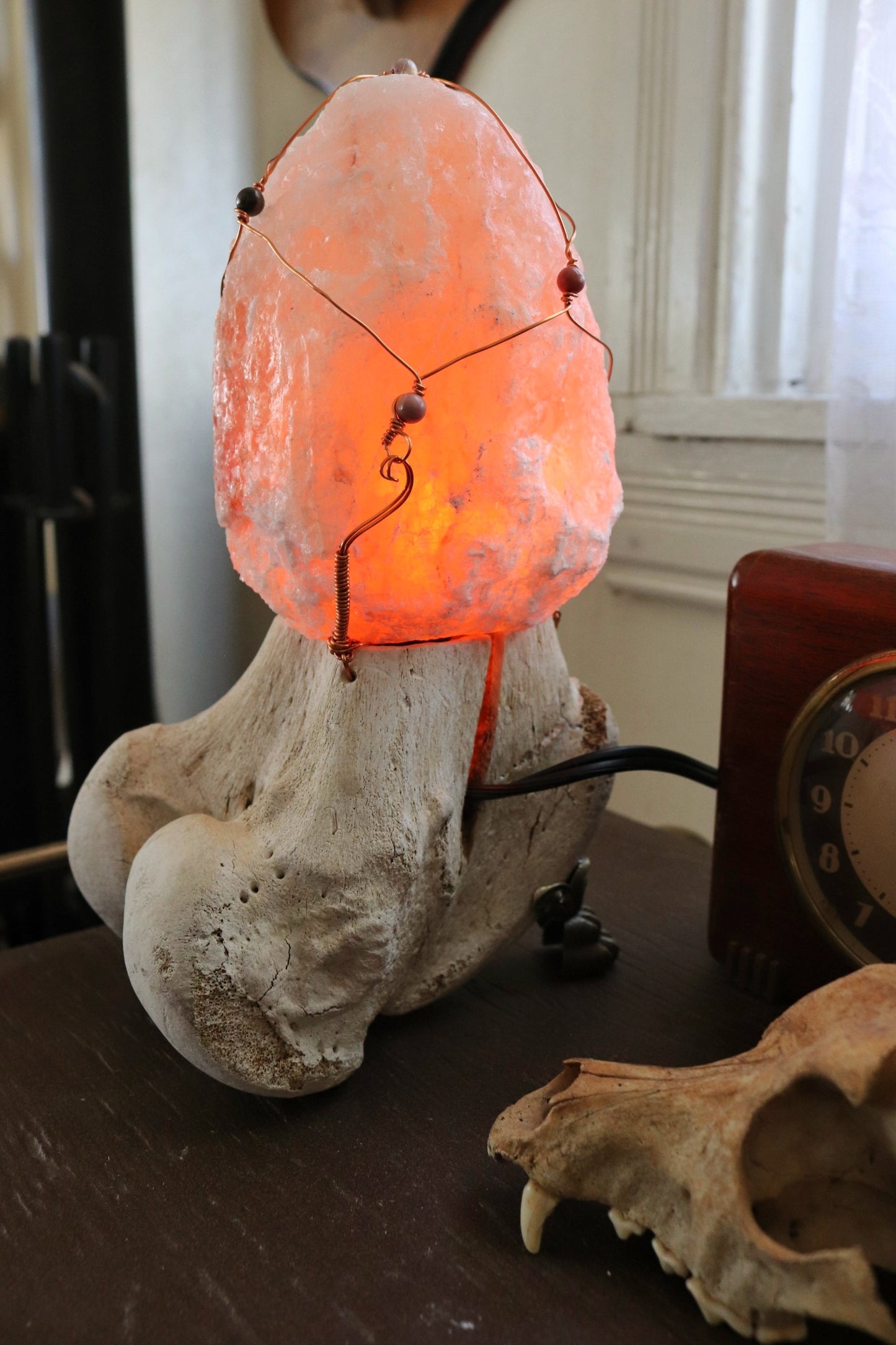 Bone Salt Lamp with Rhodonite Crystals